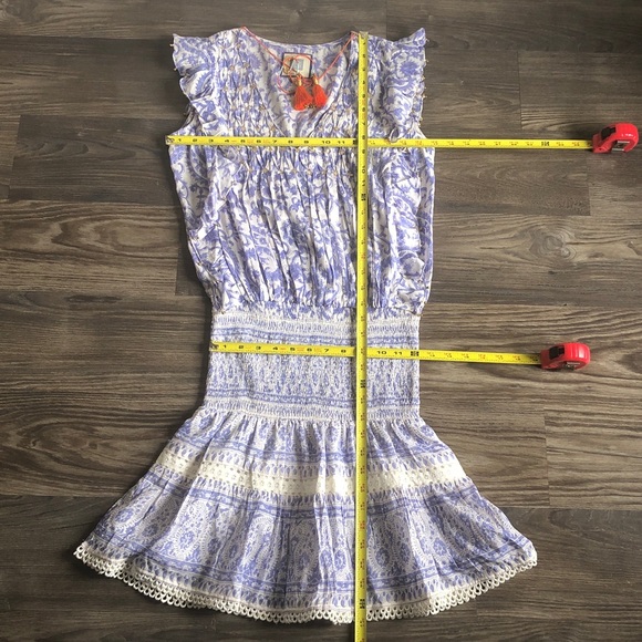 Bell Alicia Bell Smocked Waist Mini Dress Tunic Ruffle Sleeve Blue Floral Silk - Picture 12 of 12